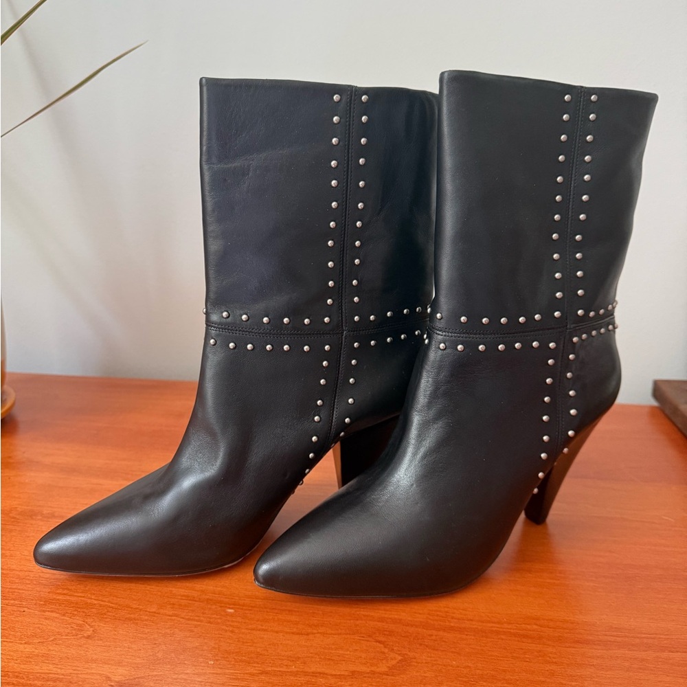Avec Les Filles Black Leather Pointed Toe Studded Mid-Calf Heeled Boots